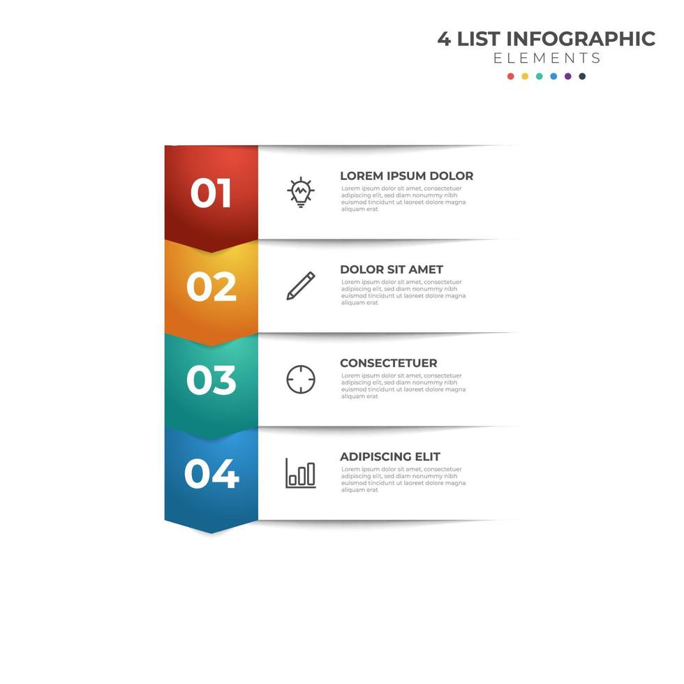 Listendiagramm mit 4 Schritten, bunter Business-Infografik-Element-Vorlagenvektor. vektor