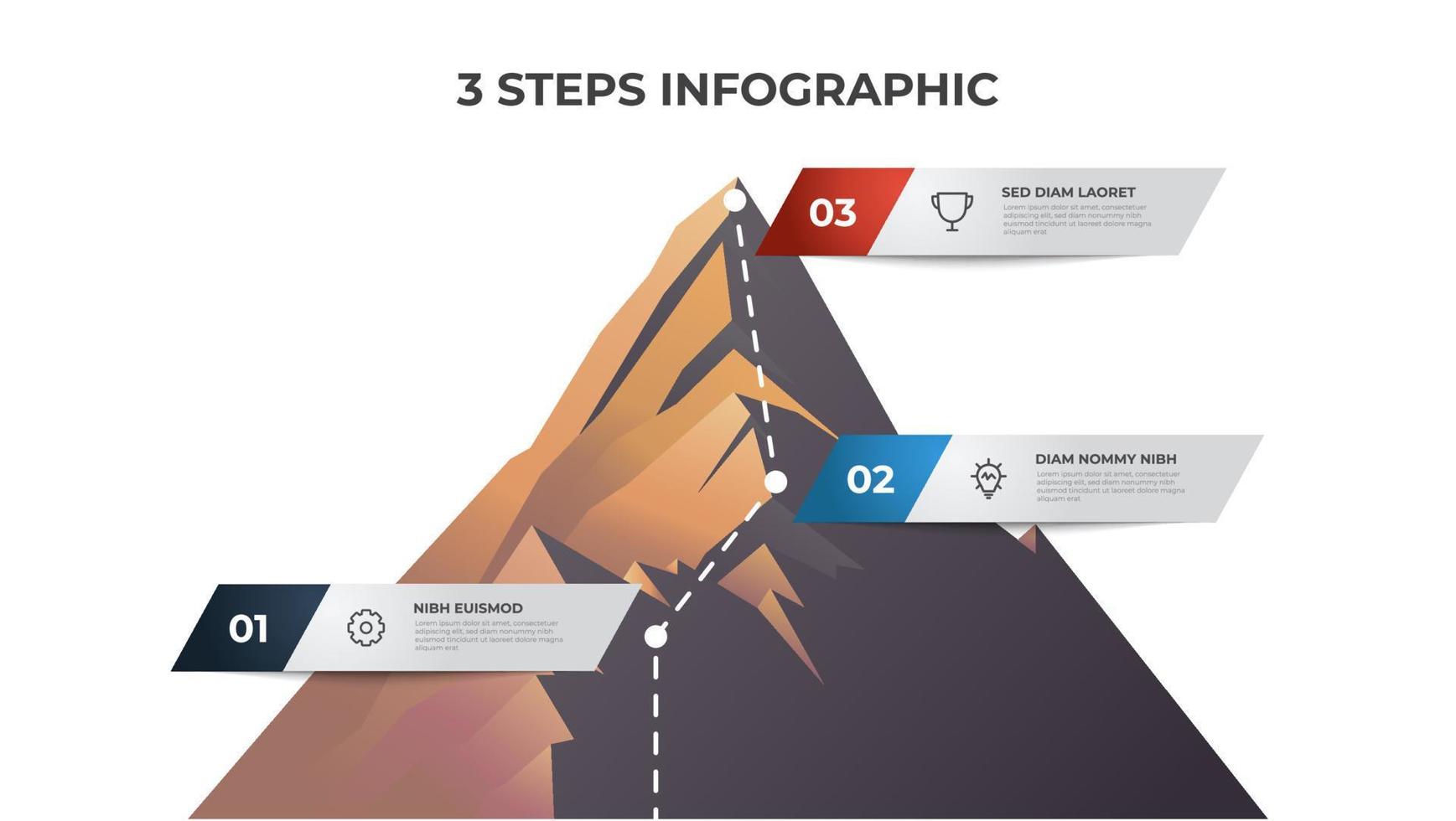 Infografik-Elementvorlage mit Bergillustration, 3-Stufen-Diagramm kann für Präsentation, Broschüre usw. verwendet werden. vektor