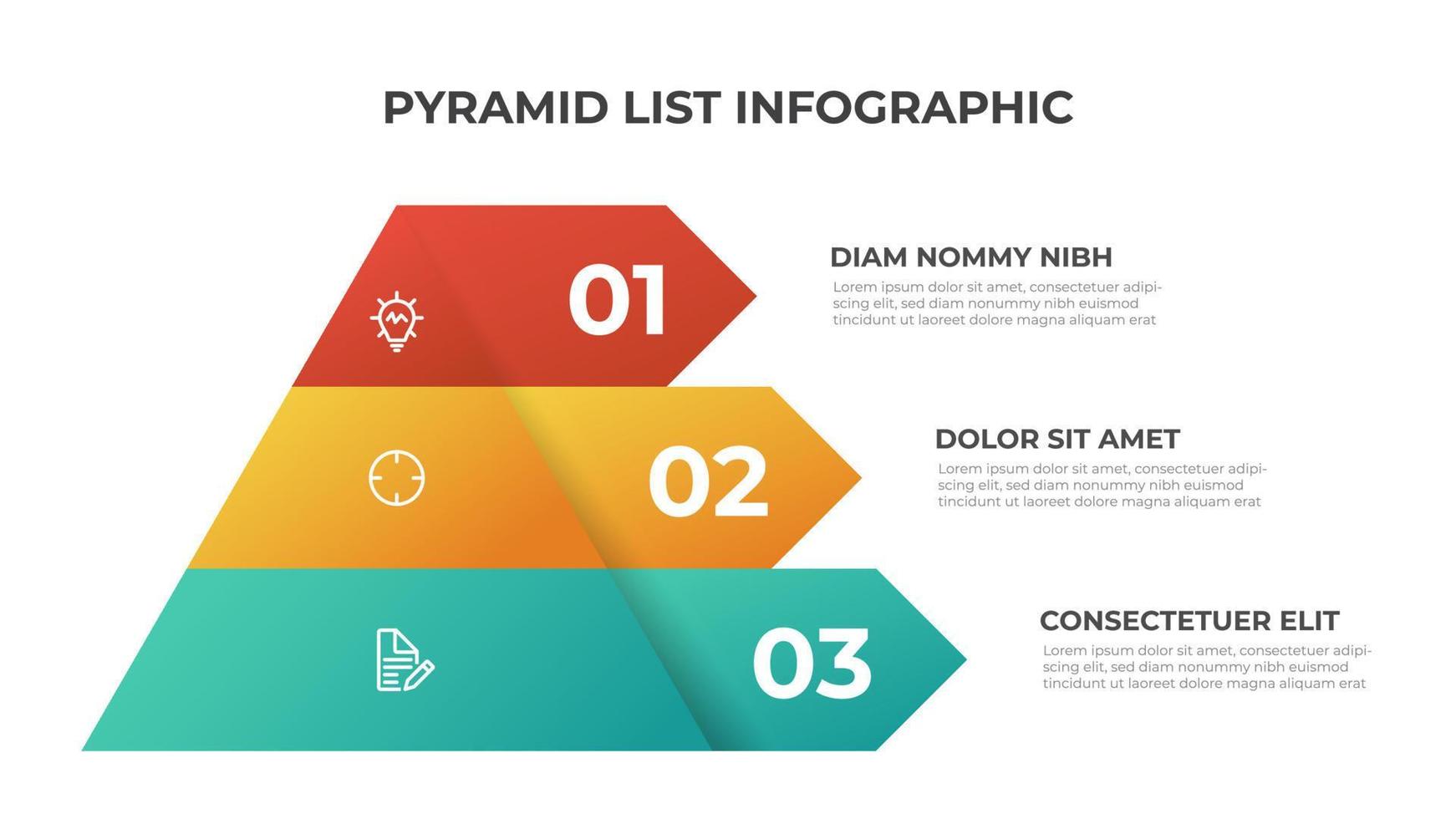 Pyramiden-Infografik-Vorlagenvektor mit 3 Listen, Ebenen, Optionen, Schritten. Layoutelement für Präsentation, Bericht, Banner etc. vektor