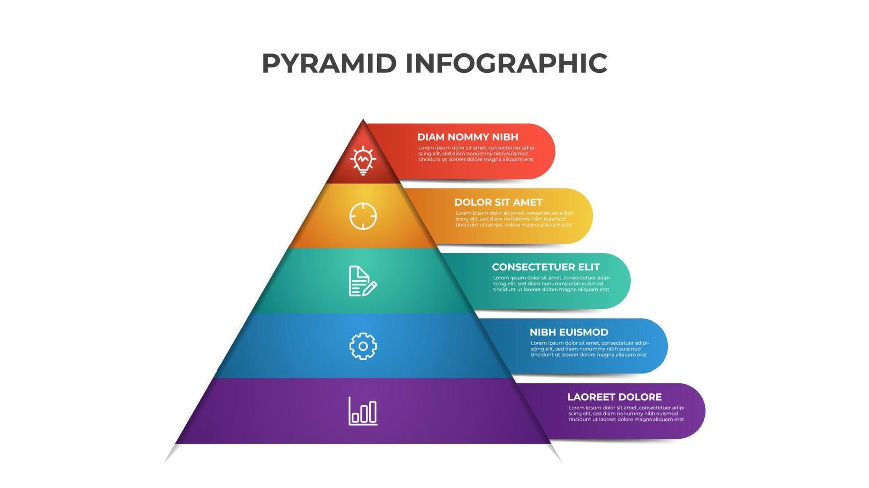 Pyramiden-Infografik-Vorlage mit 5 Ebenen, Optionen, Listendiagramm. farbenfrohes Layout für Präsentation, Bericht, Broschüre, Banner usw. vektor