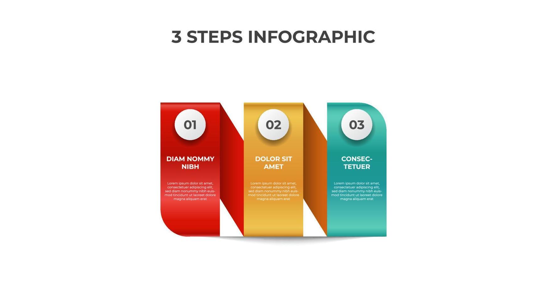 bunte infografik-elementvorlage, datenvisualisierung mit 3 schrittpunkten, horizontaler layoutdiagrammvektor vektor