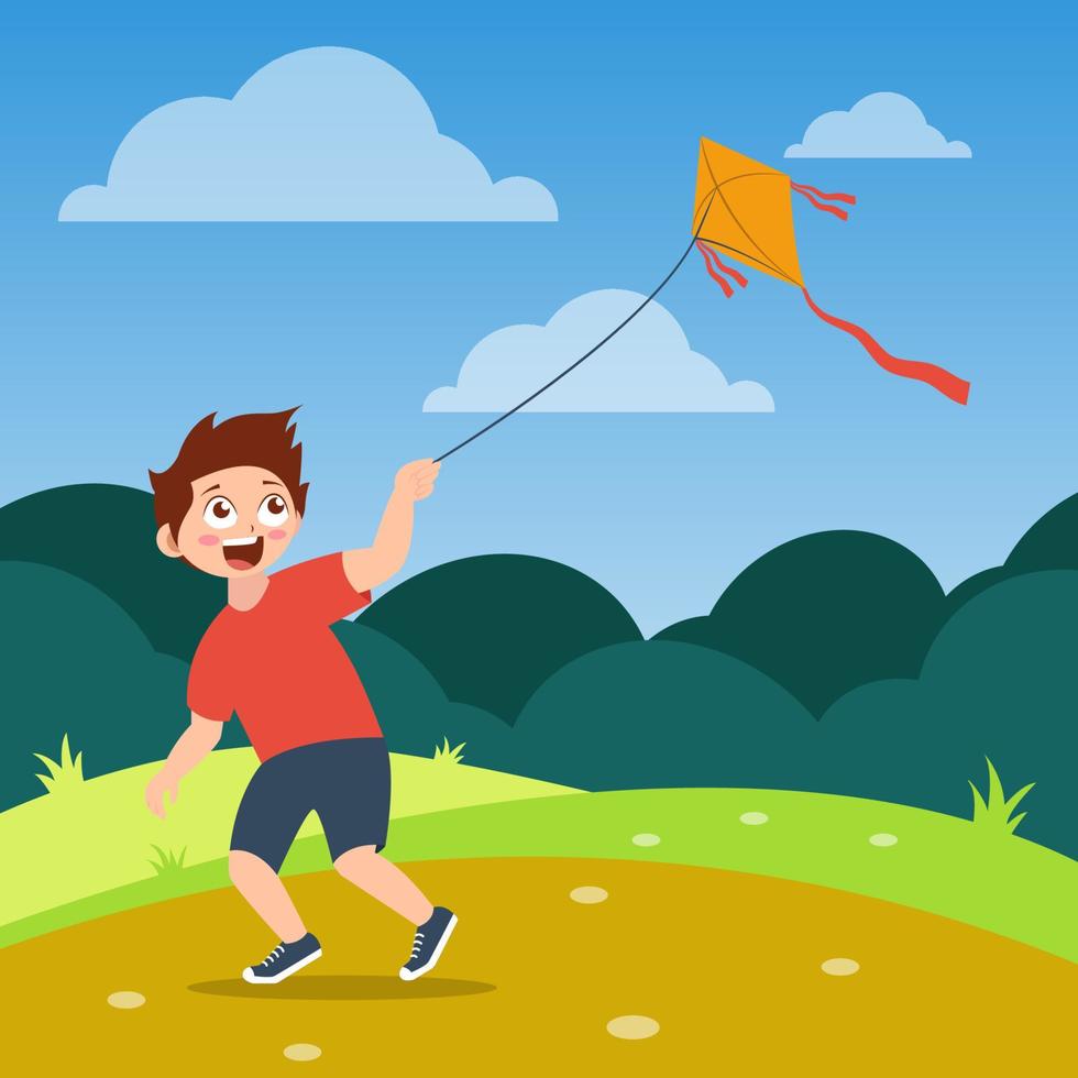 Lycklig pojke med röd skjorta spelar drake på de fält, tecknad serie vektor illustration
