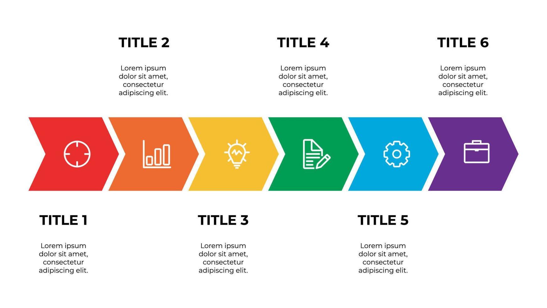 Infografik-Vorlagenelement mit sechs Titelpunkten und Symbolen, kann für Workflow, Zeitleiste, Prozess, Informationen, Präsentationsfolie usw. verwendet werden. vektor
