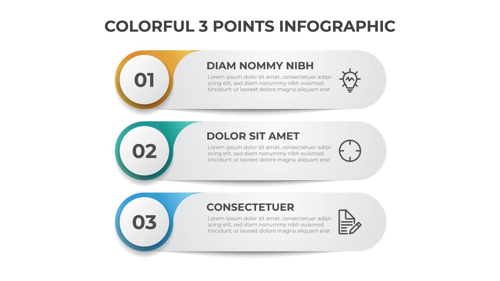 Buntes Listendiagramm mit 3 Schritten, Infografik-Elementvorlagenvektor. vektor