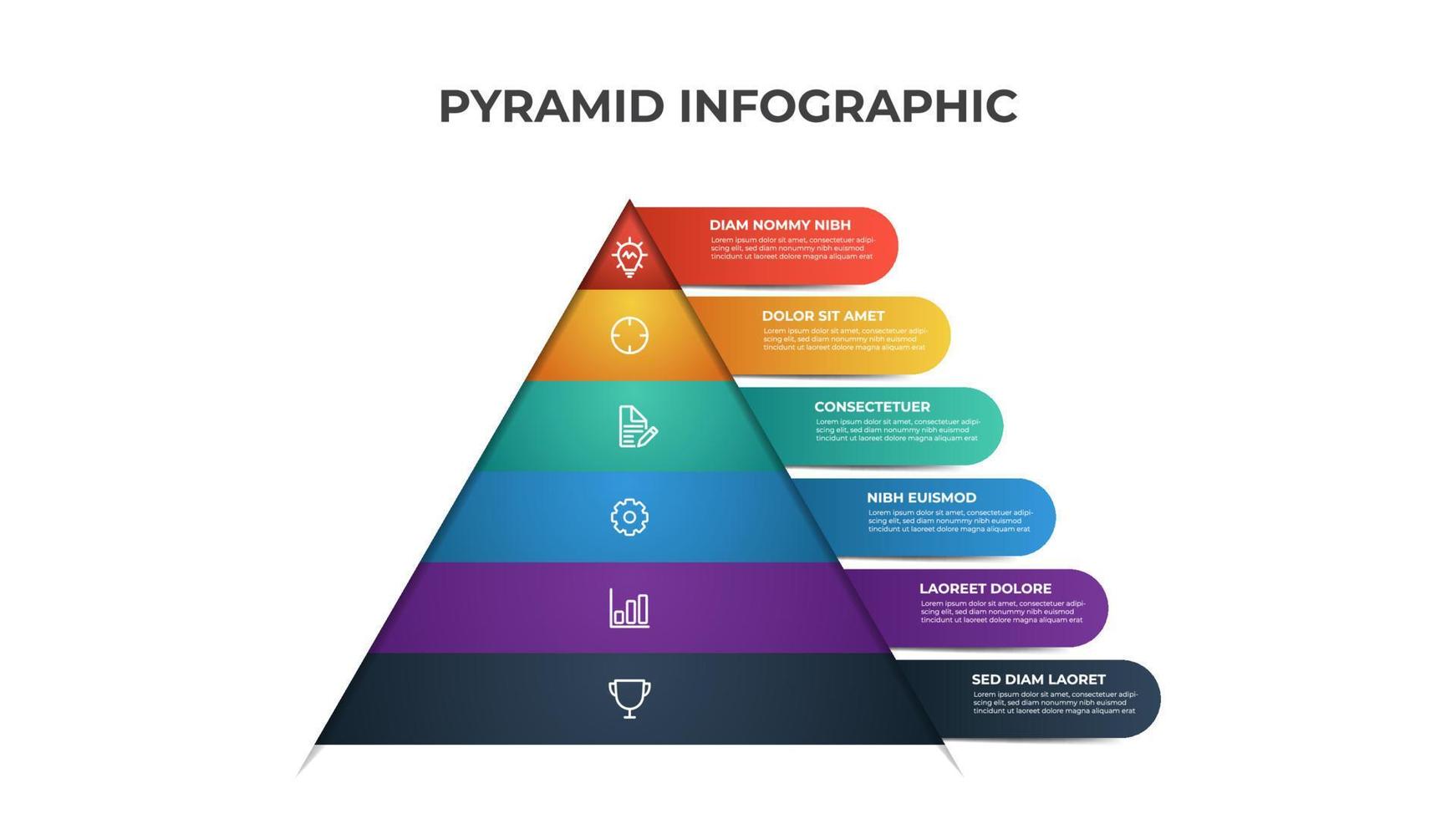 pyramid infographic mall med 6 nivåer, alternativ, lista diagram. färgrik layout för presentation, Rapportera, broschyr, baner, etc. vektor