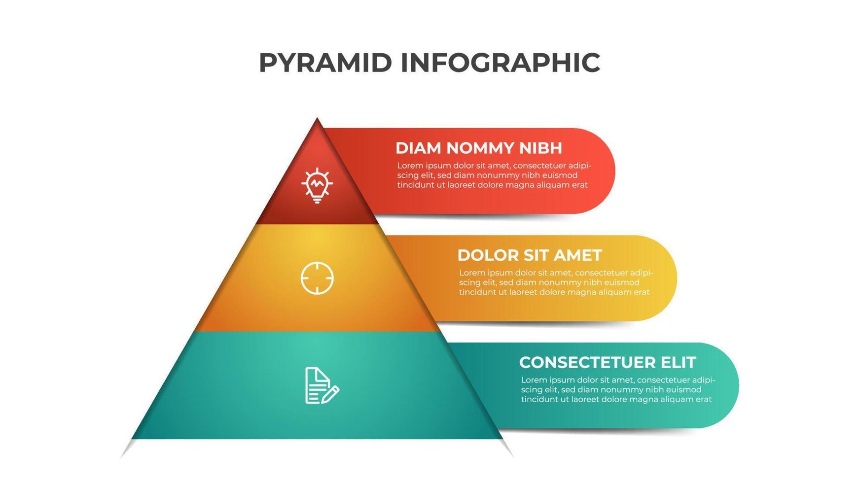 Pyramiden-Infografik-Vorlage mit 3 Ebenen, Optionen, Listendiagramm. farbenfrohes Layout für Präsentation, Bericht, Broschüre, Banner usw. vektor