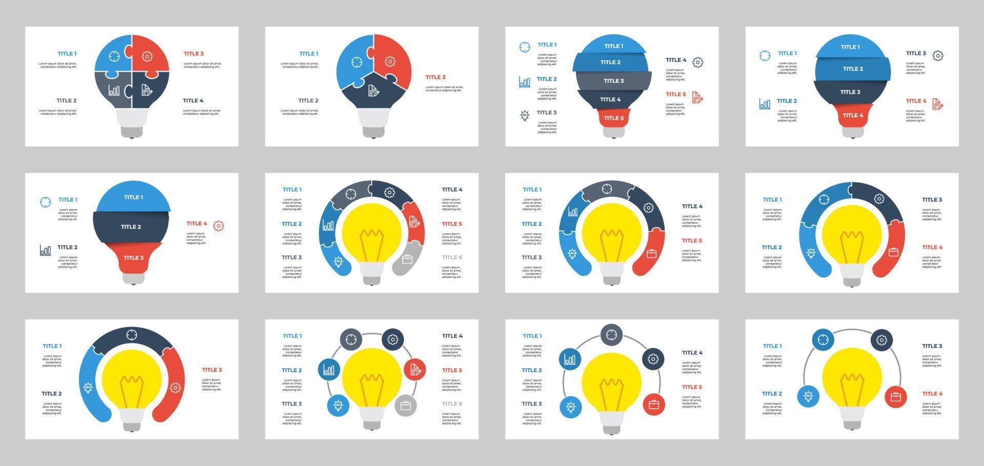 uppsättning av ljus Glödlampa infographic element vektor, data visualisering med 3, 4, 5, 6 poäng, steg, alternativ, lista, processer, kan vara Begagnade för arbetsflöde, presentation glida, broschyr, baner, flygblad, etc. vektor