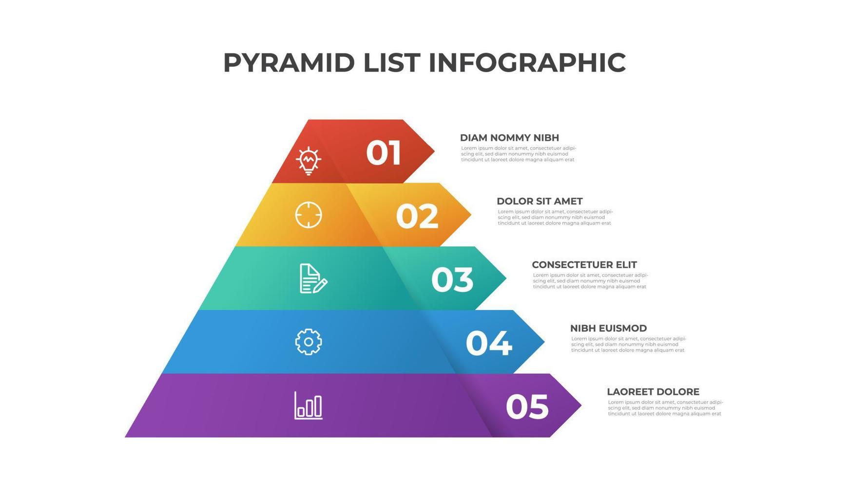 Pyramiden-Infografik-Vorlagenvektor mit 5 Listen, Ebenen, Optionen, Schritten. Layoutelement für Präsentation, Bericht, Banner etc. vektor