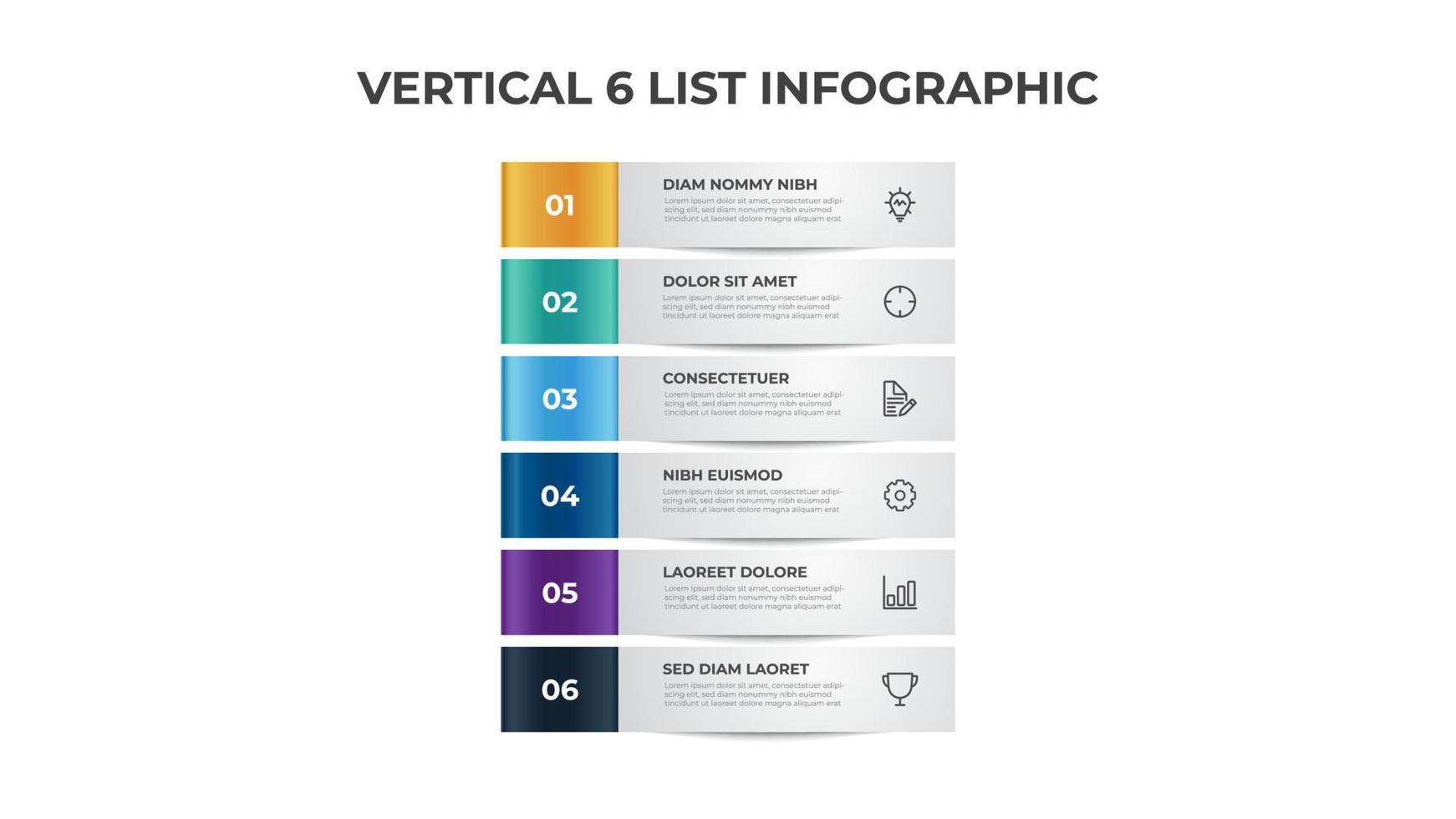 6 Schritte, Blocklisten-Layoutdiagramm, Infografik-Elementvorlagenvektor vektor