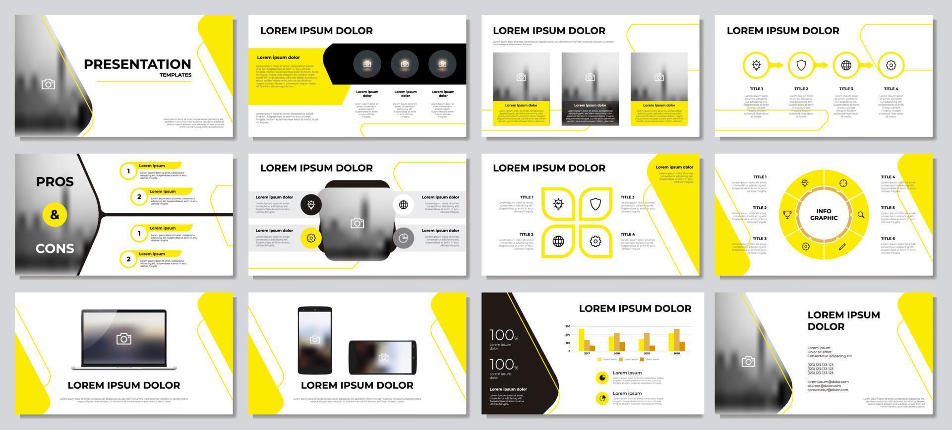 Präsentationsvorlagen. Gelbes und schwarzes Infografik-Element mit weißem Hintergrund. Layoutvorlagenvektor für Business, Marketing usw. vektor