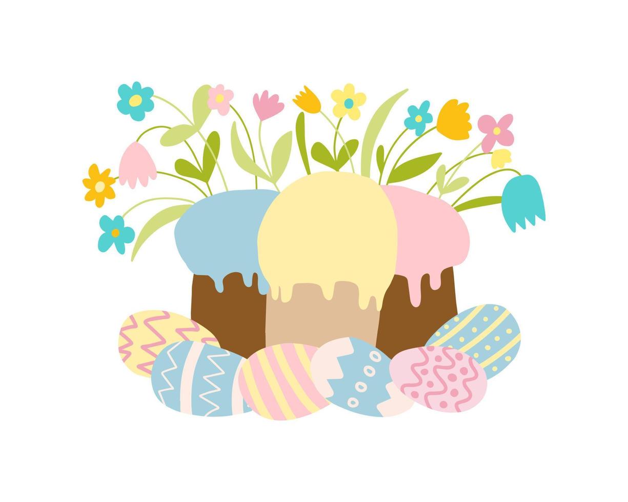 Ostergrußkarte. Frohe Ostern-Vektor-Illustration. Kuchen mit Blumen und bunten Eiern. vektor