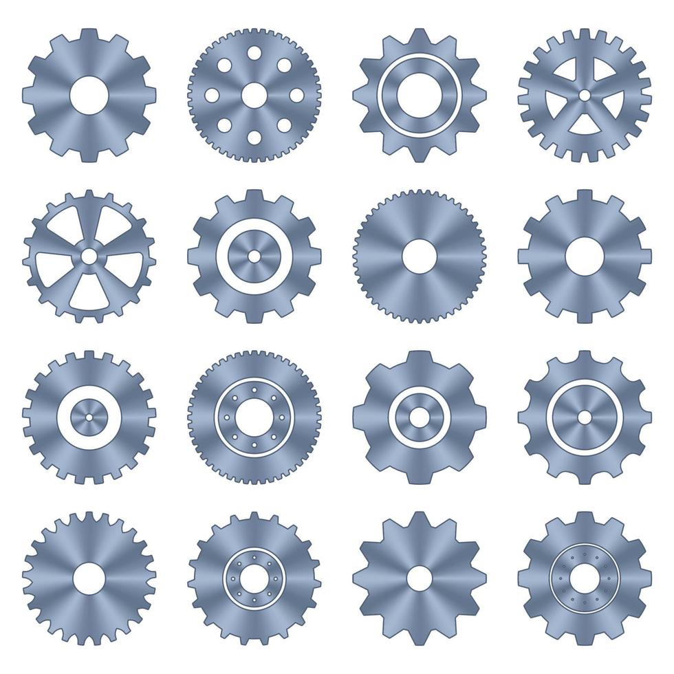 Zahnräder gesetzt. Zahnräder aus Metall. Symbolsatz für die Zahnradeinstellung. Symbole für Maschinengetriebe. Industrielle Ikonen. Vektor-Illustration vektor