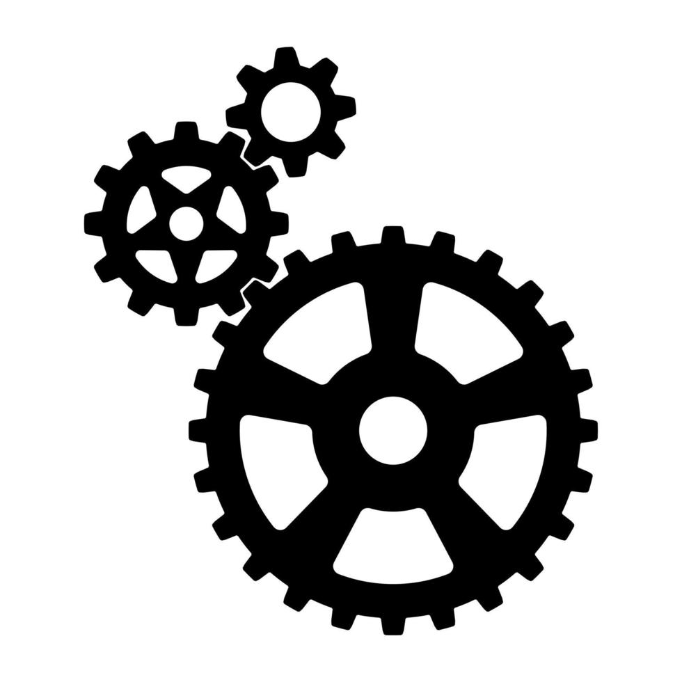 3 Größen von mechanischen Zahnrädern, klein 8 Zähne, mittel 12 Zähne und groß 24 Zähne. Gestaltungselement für schwarze Silhouettenzahnradsymbole. weißer Hintergrund. Vektor-Illustration. vektor