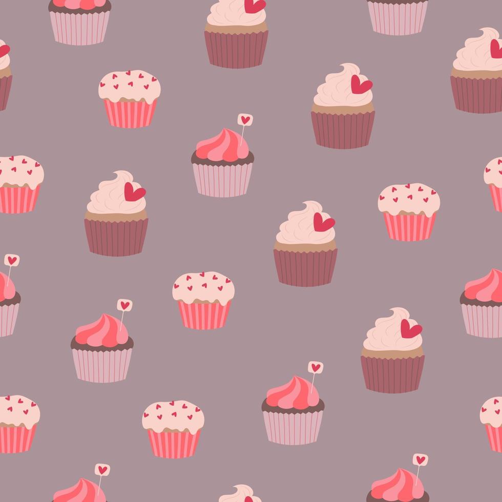 Nahtloses Muster von Cupcakes mit Herzen auf grauem Hintergrund. handgezeichneter Doodle-Stil vektor