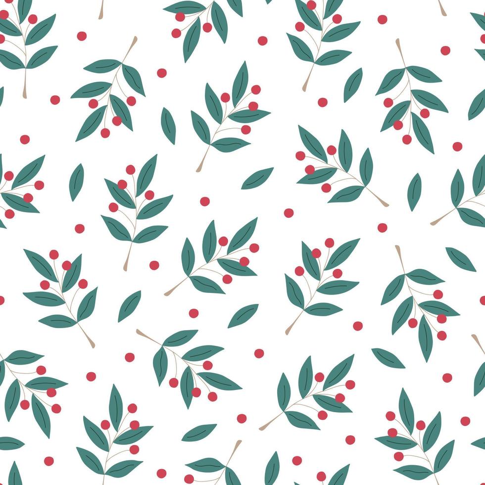 nahtloses muster der weihnachtspflanze, dekorativer zweig mit blättern, rote beeren für wohnkultur, festliche feiertagsanordnung, vektorillustration für saisonales geschenkpapier, textil, feierdesign vektor