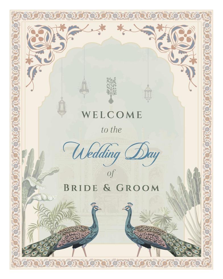 traditionell indisk mughal bröllop Välkommen styrelse och mughal bröllop kort design. bröllop Välkommen styrelse för utskrift vektor illustration.