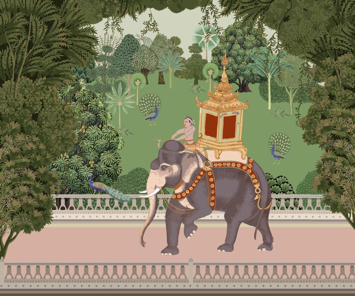 traditionell mughal trädgård, skog, elefant rida, mahout i thailand vektor illustration för tapet.