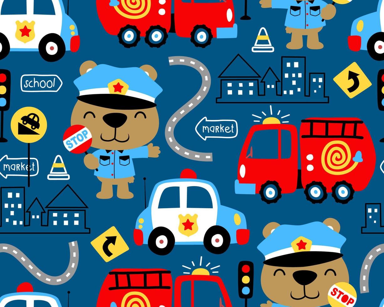 sömlös mönster vektor av fordon tecknad serie med rolig Björn i polis kostym