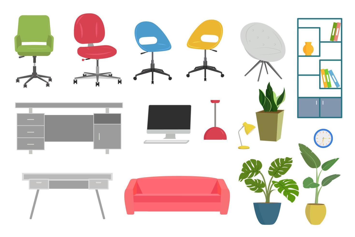 Büromöbelkollektion mit Tischen, Stühlen, Lampen, Pflanzen und Computer. vektor