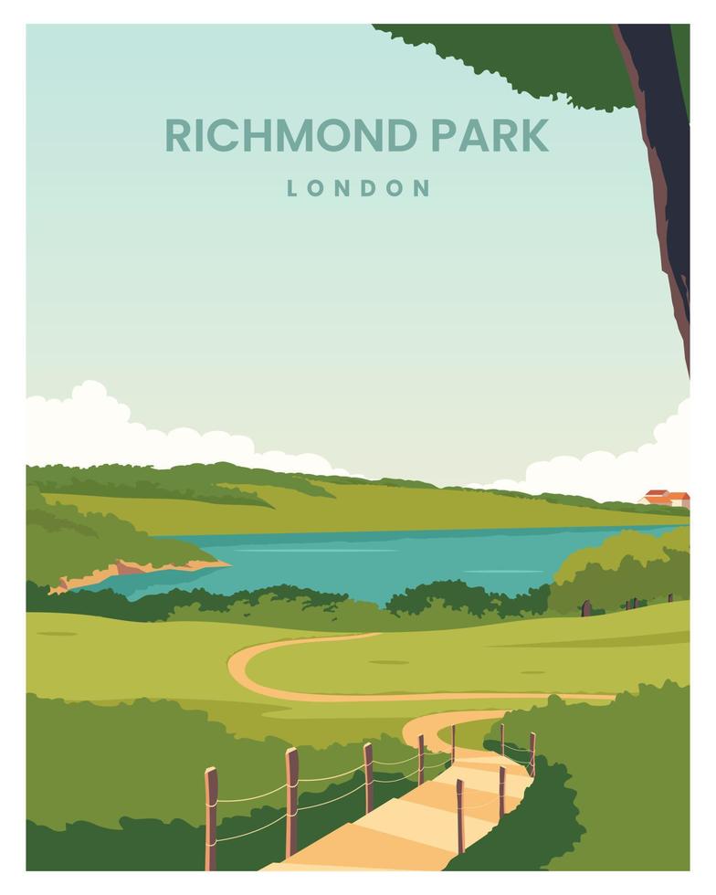 resa affisch av richmond parkera, london, förenad rike. solig dag i sent höst. vektor illustration bakgrund med platt stil för affisch, vykort, kort, skriva ut.