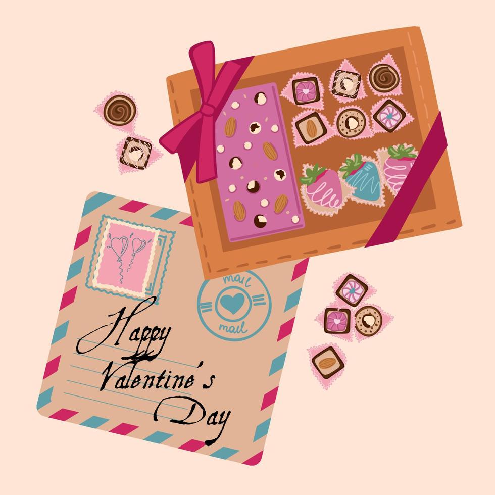 Lycklig valentines dag hälsning kort. låda av jordgubbar i choklad och choklad, platt stil. vektor illustration.