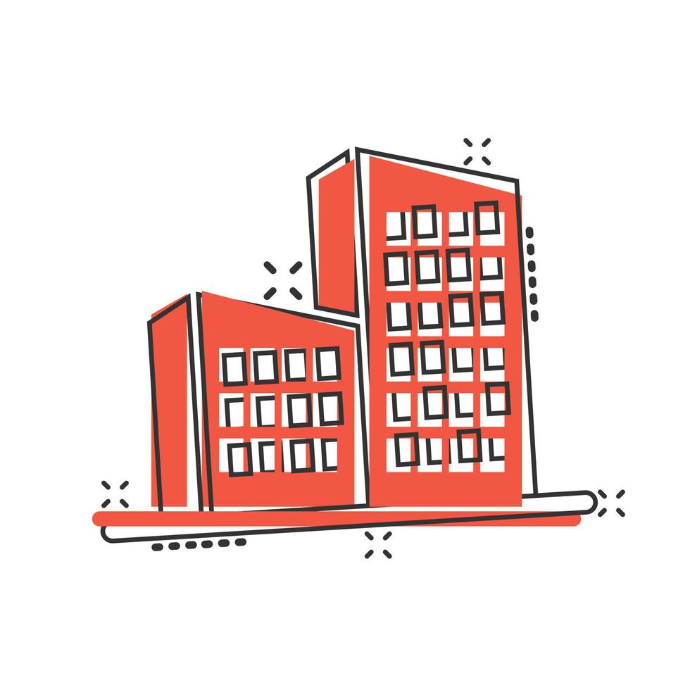 byggnad ikon i komisk stil. stad skyskrapa lägenhet tecknad serie vektor illustration på vit isolerat bakgrund. stad torn stänk effekt företag begrepp.