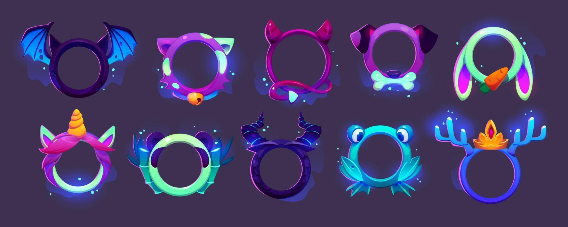 neon-spiel-avatar-rahmen, fantasie-charaktere gesetzt vektor