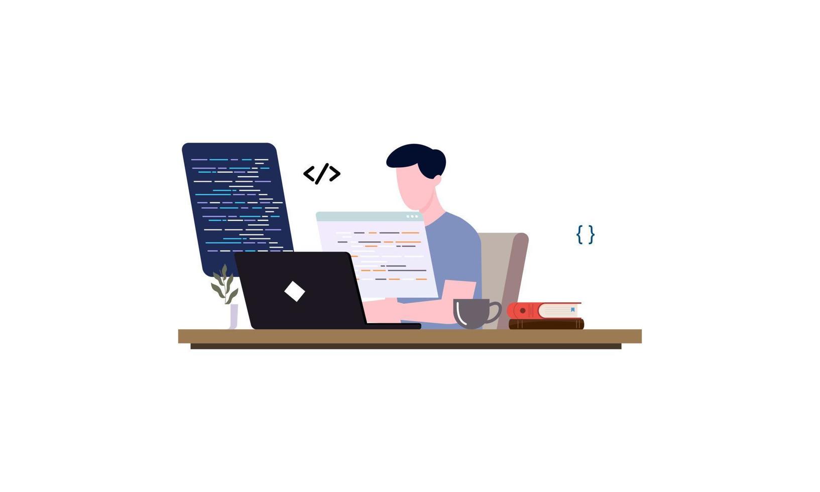 Mann Programmierer arbeitet an seinem Laptop. codieren und programmieren. vektor