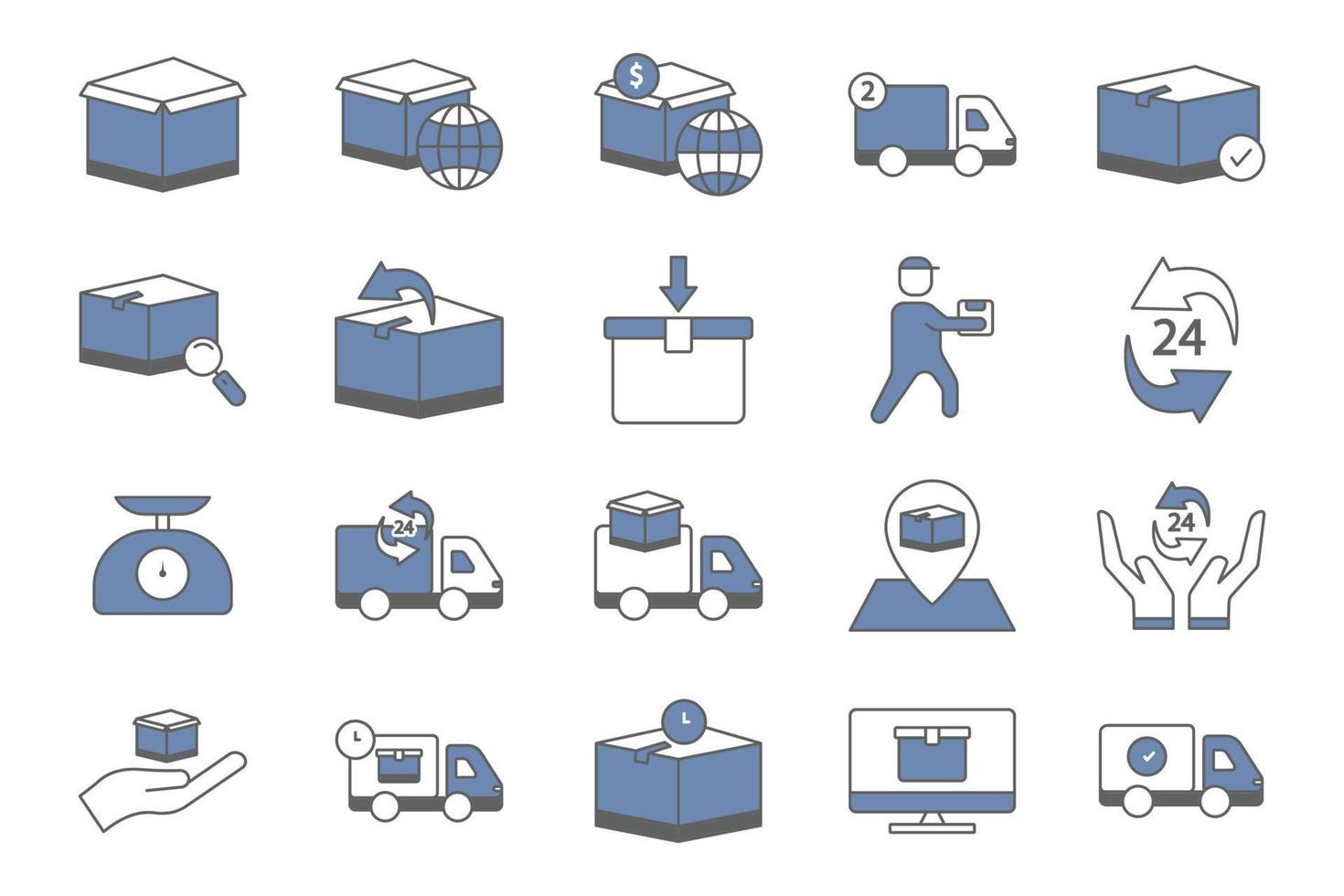 logistikillustrations-ikonensatz, verpackung, lieferung. zweifarbiger Symbolstil. einfaches Vektordesign editierbar vektor