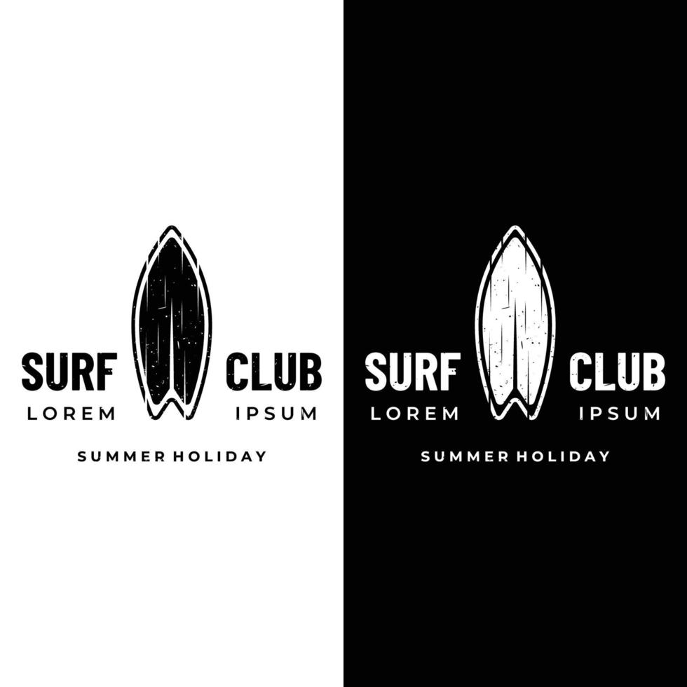 vintage surfbrett logo vorlage, surfen an einem sommerstrand. für geschäft, abzeichen, urlaub, etikett, emblem. vektor