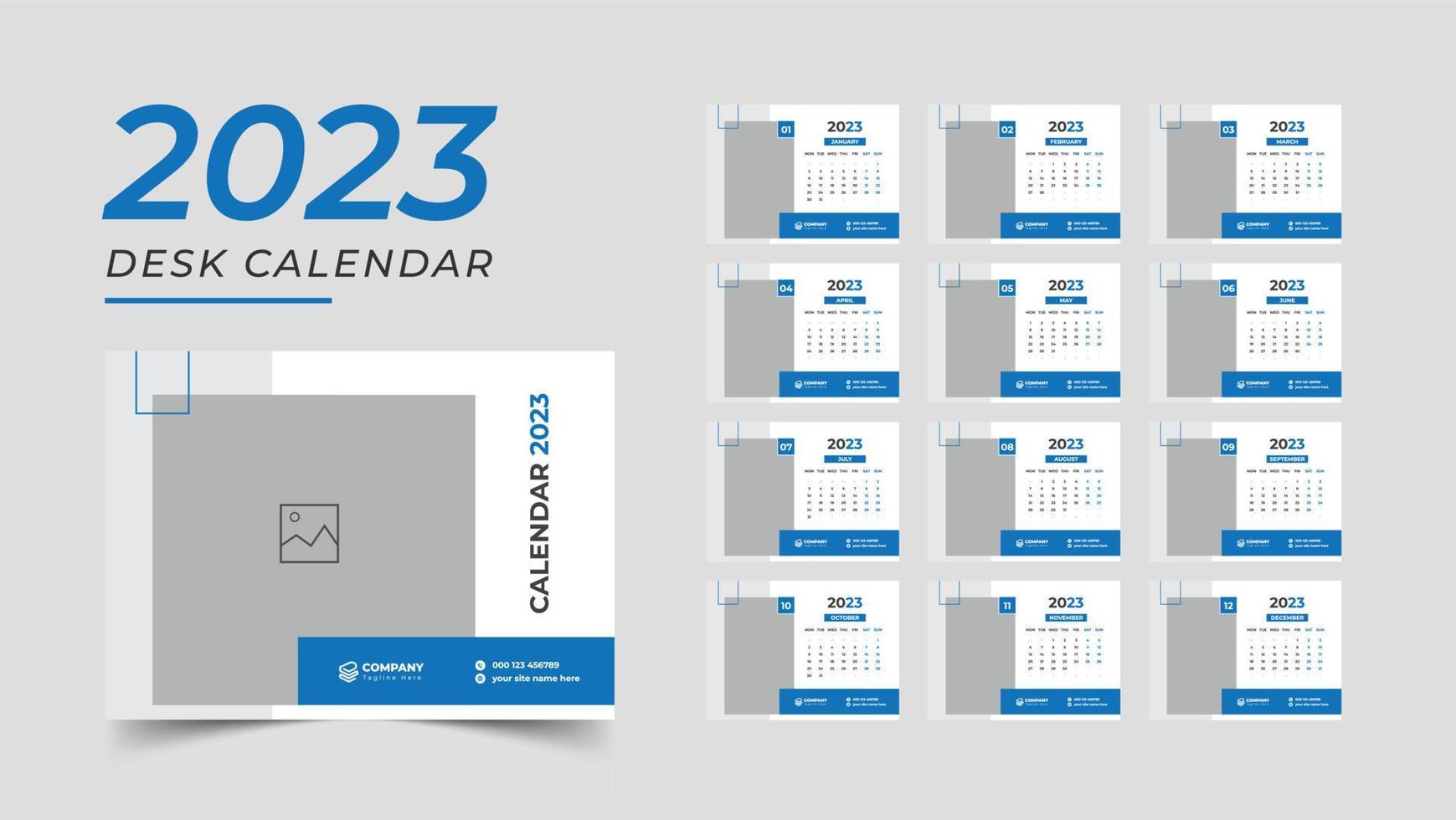 uppsättning skrivbord kalender 2023 mall kreativ design, 12 månader ingår, företags- skrivbord kalender vektor