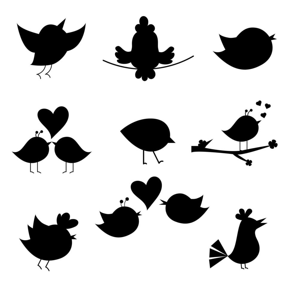 uppsättning av annorlunda silhuetter av tecknad serie fåglar. vektor