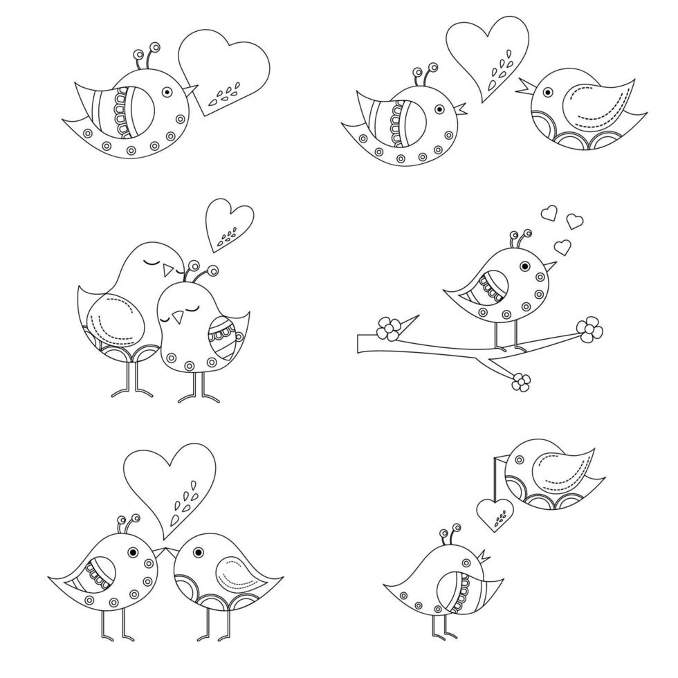sammlung von umrissen von verliebten karikaturvögeln. Valentinstag vektor