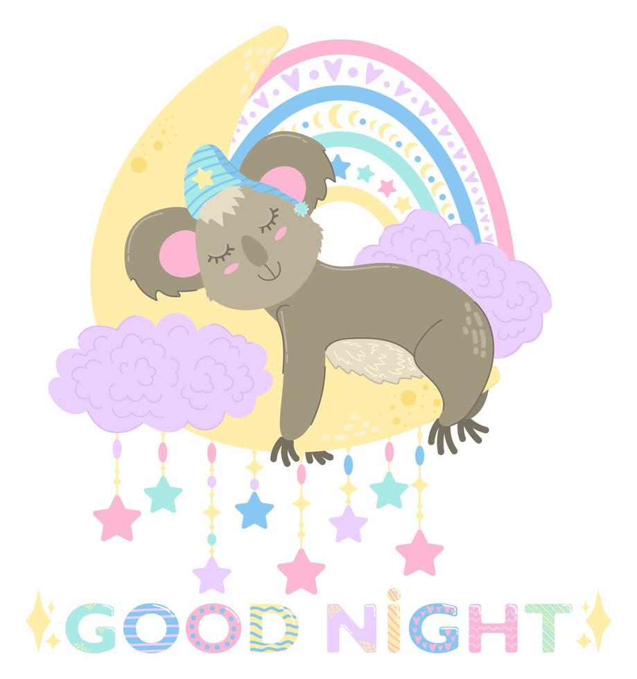 söt sömnig koala. fluffig djur- sover på de måne. Bra natt bebis. barn skriva ut vektor