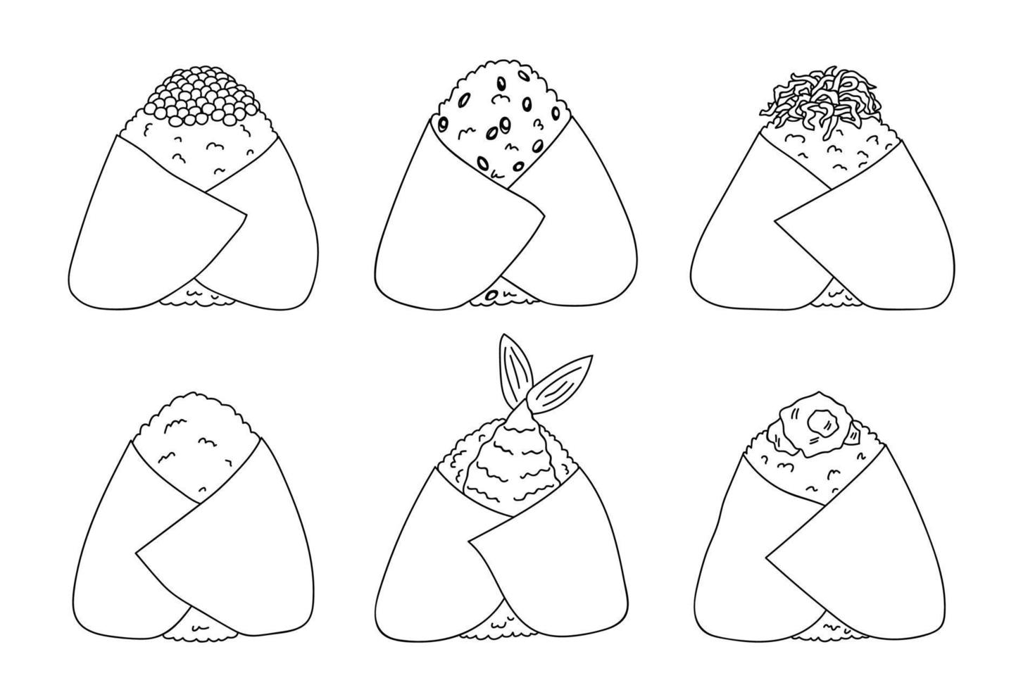 hand dragen onigiri ClipArt uppsättning. japansk snabb mat tillverkad av ris. ris boll i inte jag heller tång vektor