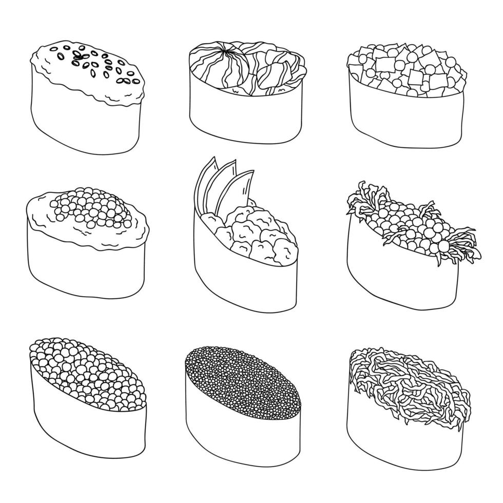 handgezeichnetes Gunkan-Maki-Sushi-Clipart-Set. Gerichte der traditionellen japanischen Küche. asiatisches Essen vektor