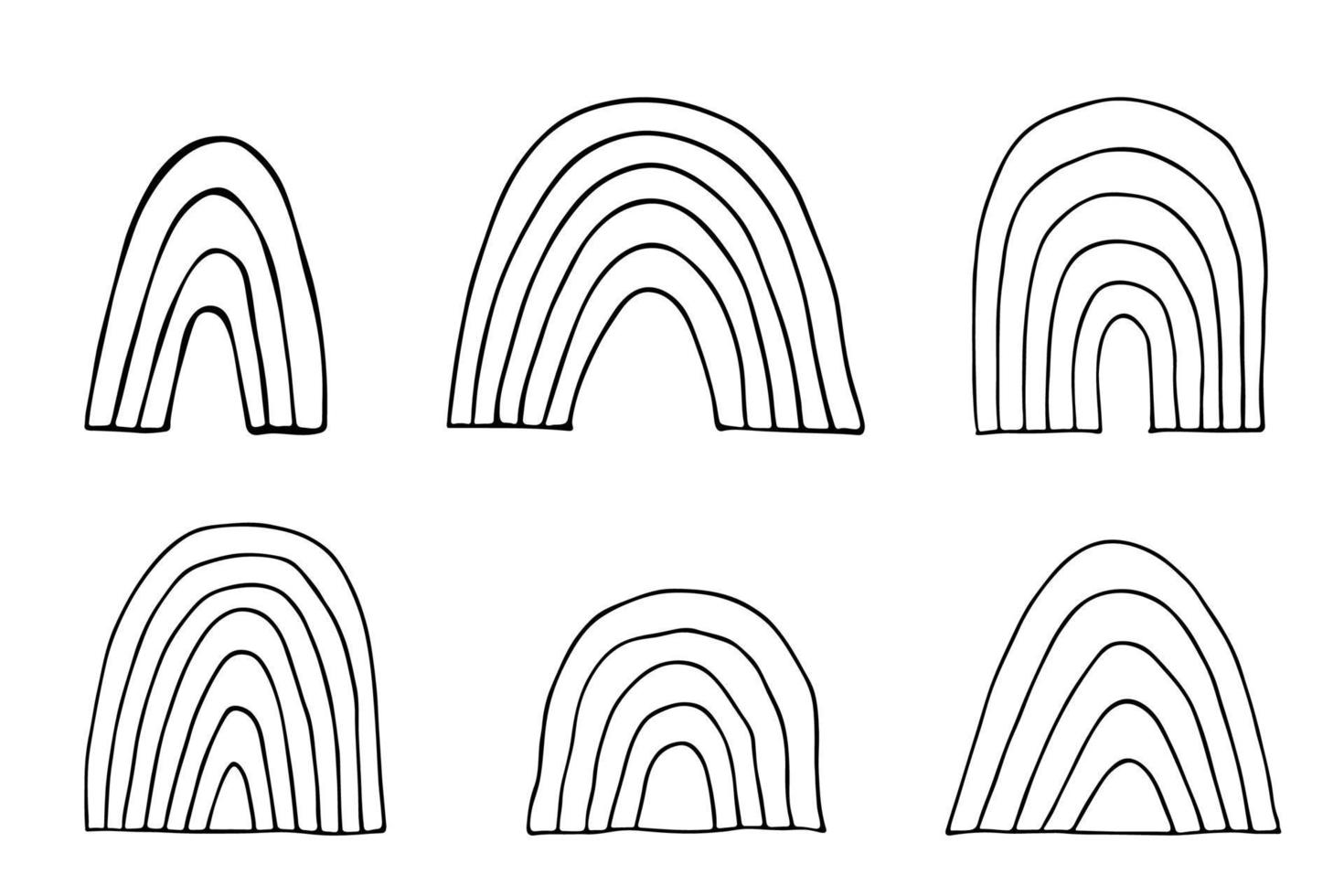 hand gezeichneter regenbogensatz. abstrakte regenbogenformen clipart. gekritzelelemente für karte, druck, design vektor