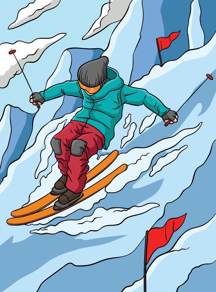 alpines skifahren farbige karikaturillustration vektor