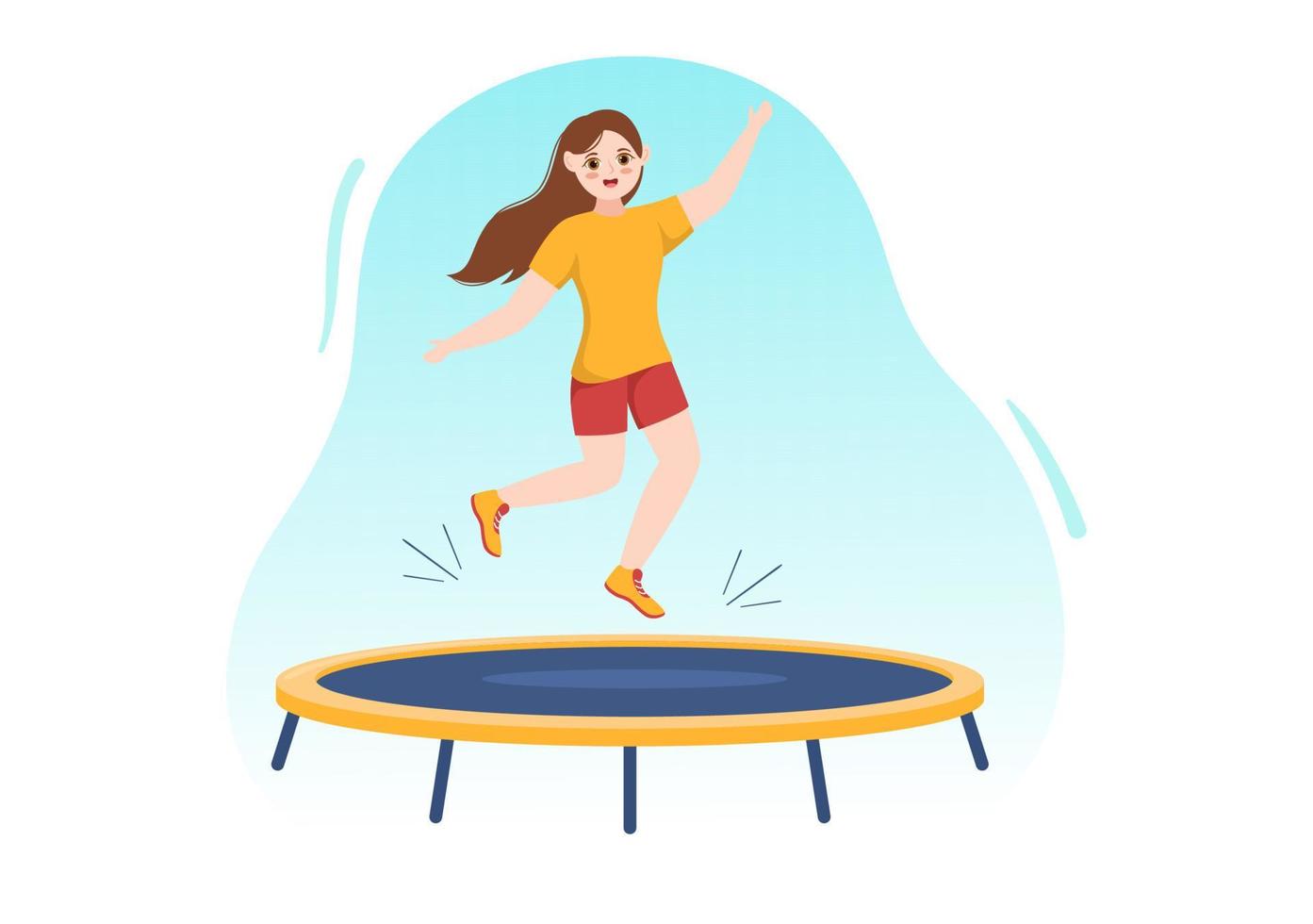 trampolinillustration mit der jugend, die auf ein trampoline in der hand gezeichneten flachen karikatursommer-hintergrundschablone für aktivitäten im freien springt vektor