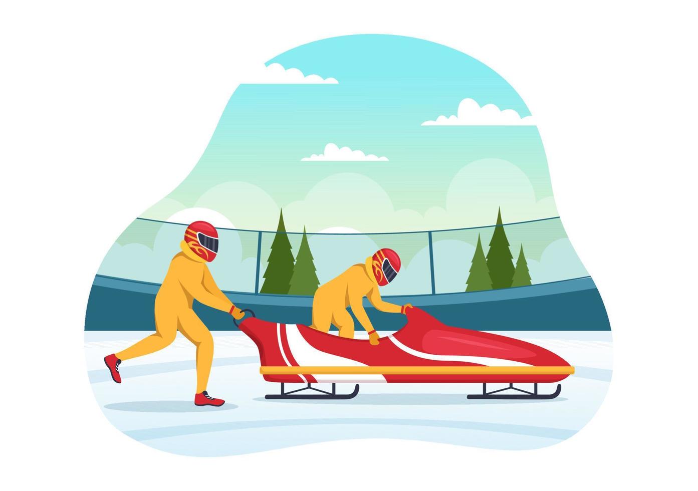 idrottare ridning kälke bobsläde illustration med snö, is och bobsled Spår för konkurrens i vinter- sport aktivitet platt tecknad serie hand dragen mallar vektor