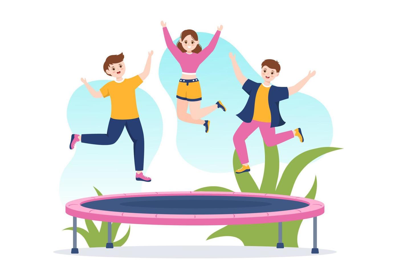 trampolin illustration med ungdom Hoppar på en studsmattor i hand dragen platt tecknad serie sommar utomhus- aktivitet bakgrund mall vektor