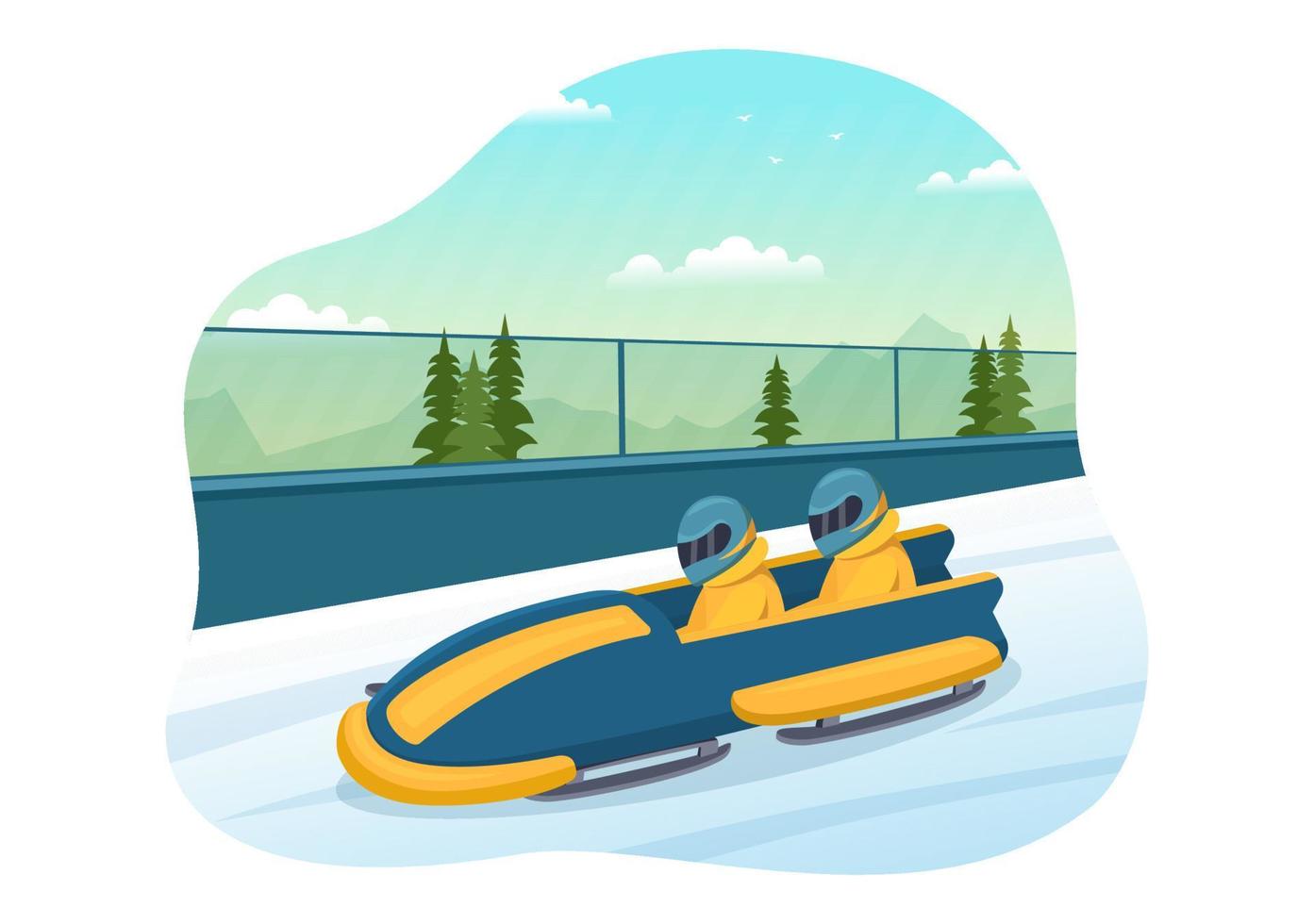 athlet, der schlittenbobillustration mit schnee, eis und bobbahn für den wettbewerb in den handgezeichneten vorlagen der flachen karikatur der wintersportaktivität reitet vektor