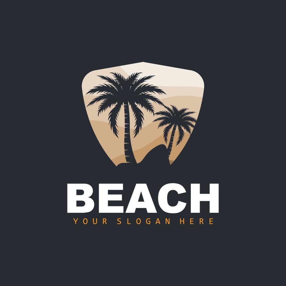 kokosnussbaum-logo mit strandatmosphäre, strandpflanzenvektor, sonnenuntergangsansichtsdesign vektor