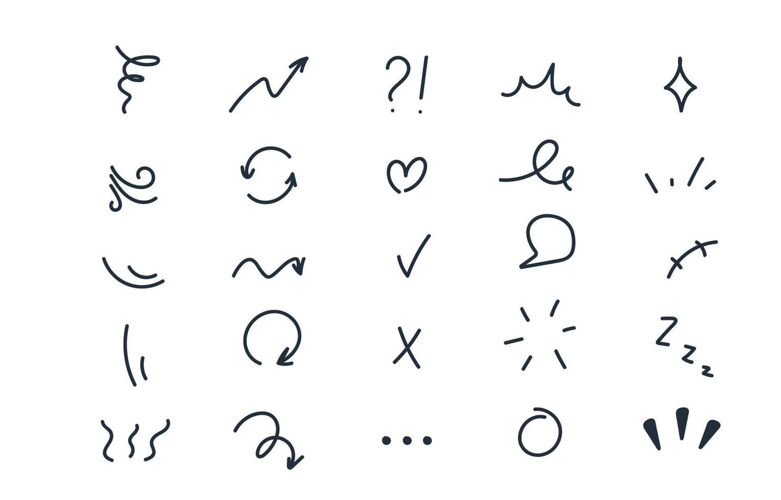 Satz von handgezeichneten Cartoon-Ausdruckszeichen Doodle-Linienstrich. bewegungszeichnungseffekt, kurven-express-richtungspfeile, charakter-emotionssymbole, emoticon-effekt-designelemente. vektor