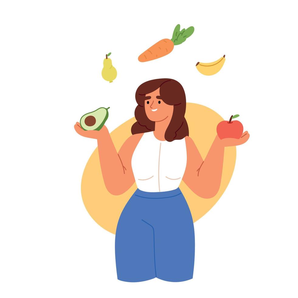 kvinna med bruka grönsak. organisk mat marknadsföra. natur hälsa produkt för äter. platt vektor illustration