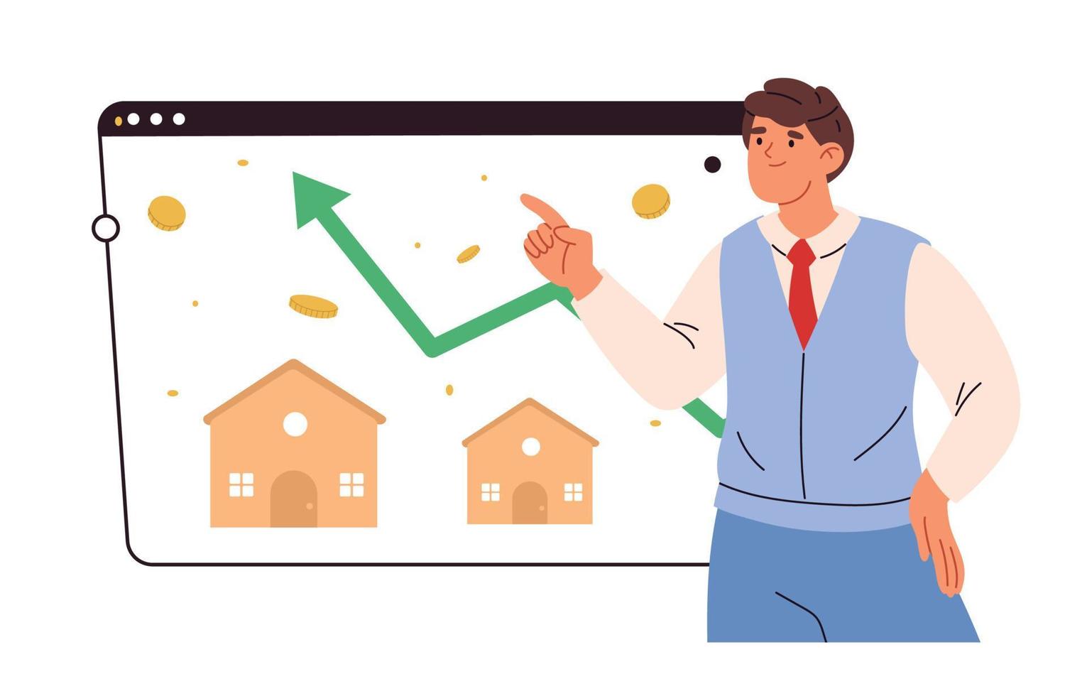 Konzept der Immobiliensuche. steigender hauspreis, immobilieninvestitions- oder immobilienwachstumskonzept, haus mit pfeildiagramm nach oben. vektor