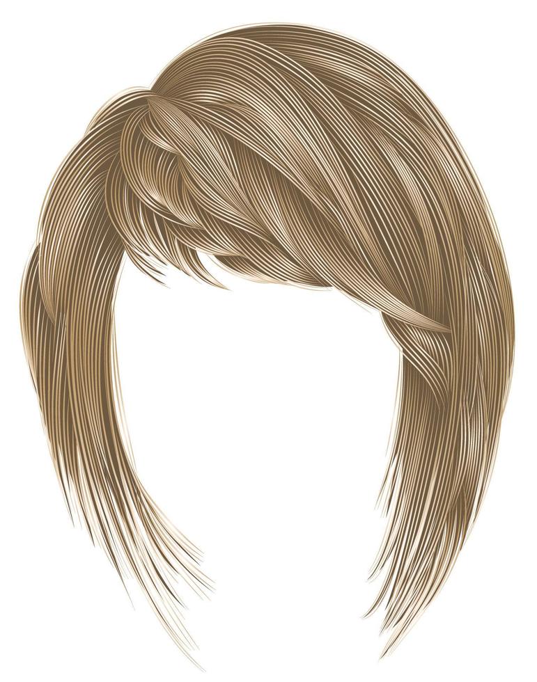 trendig kvinna hårstrån kare med frans . ljus blond färger . medium längd . skönhet stil . realistisk 3d . vektor