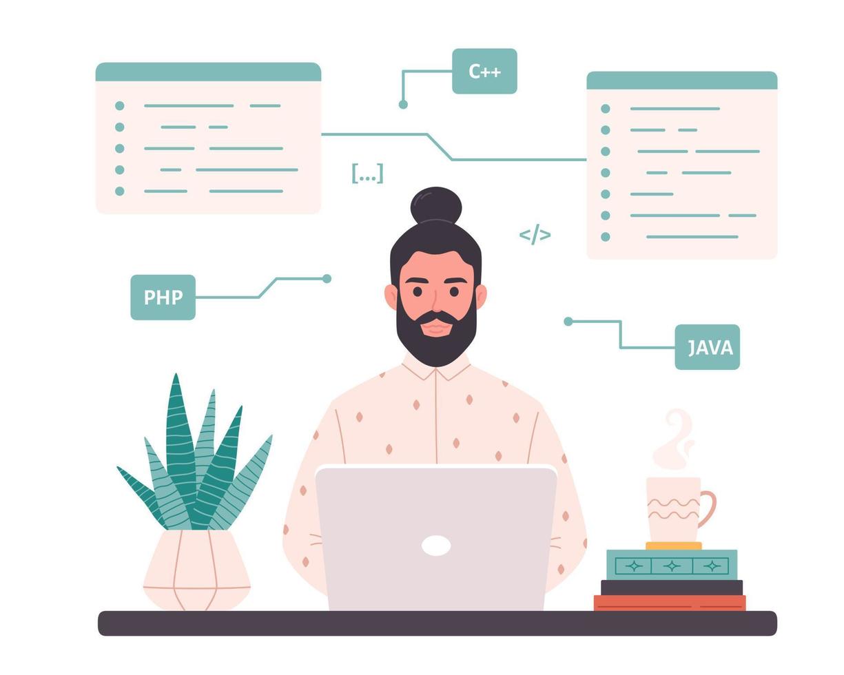 Mann, der am Laptop arbeitet. es Entwickler. Programmiercode. Freiberufler, Fernarbeit, Programmierung vektor