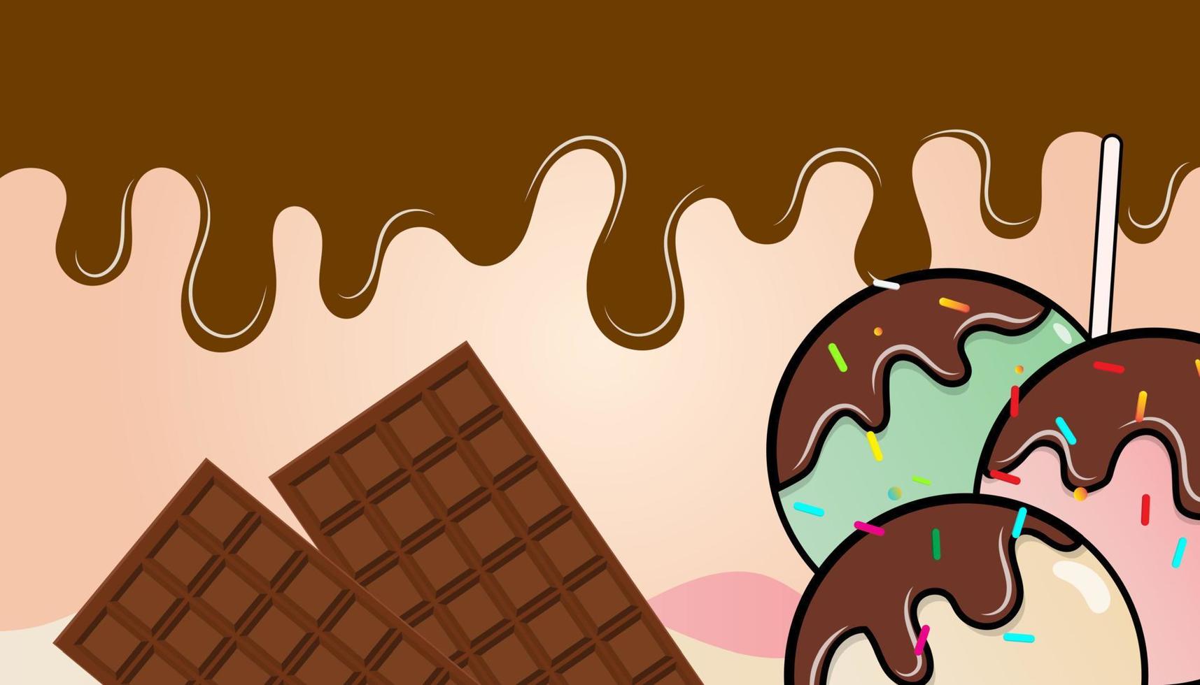 erdbeer-vanille-melonen-eishintergrund mit schokolade, schokoriegeln und schmelzendem vektor