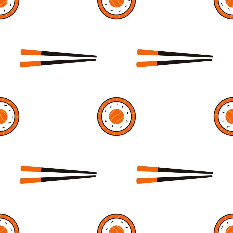 Nahtloses Muster mit Sushi und Essstäbchen. hand gezeichneter vektorhintergrund mit traditioneller japanischer küche vektor